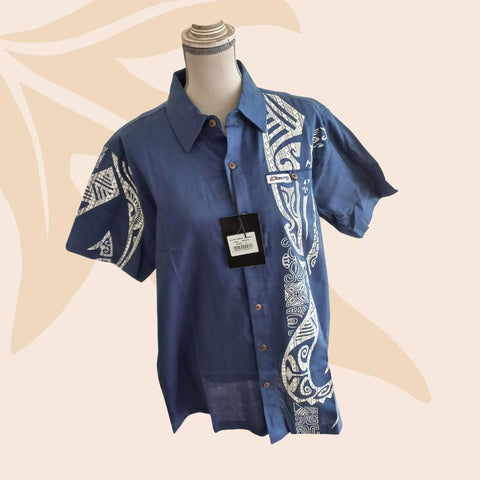 Chemise Tribal To'o Navy motif gris - Marque Teahupoo